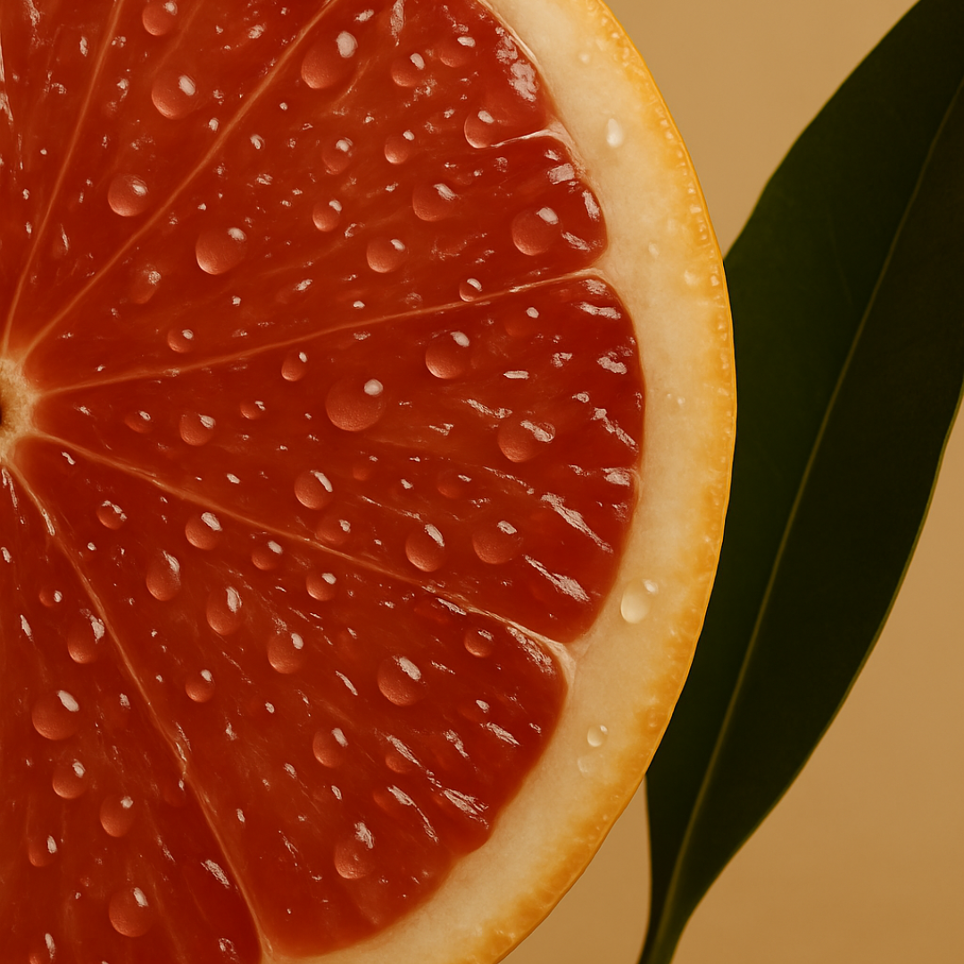 Close-up of a pink grapefruit half with water droplets and a green leaf on a warm background.