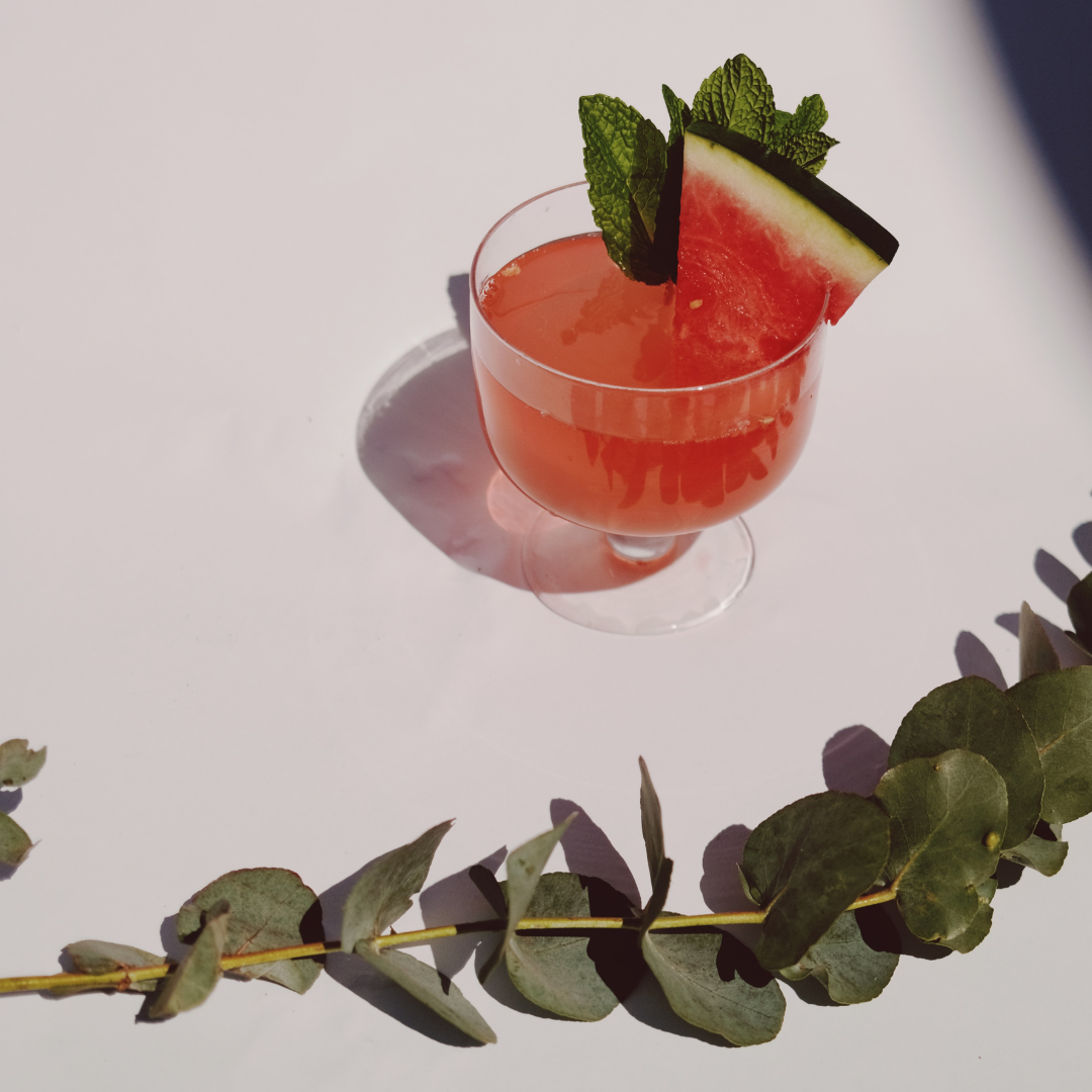 Watermelon cocktail in a coupe with a watermelon wedge and fresh mint, styled on a white surface with a eucalyptus stem.